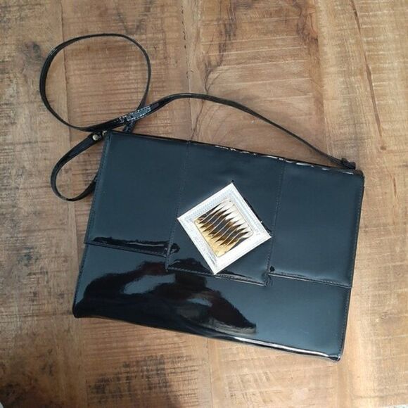 Extra Large Clutch with strap, Black patent leather bag, computer carry case - Picture 1 of 8